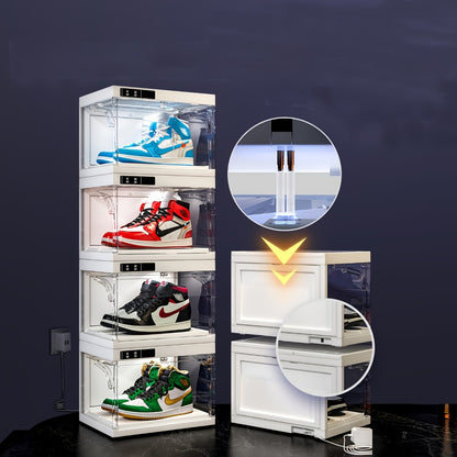 LED Shoe Storage Box Stackable Transparent Plastic with Auto-Open Lid, Clear Sneaker Display Case for Wardrobe Closet Bedroom, Sports Shoe Collection Box White 1-4 Pack