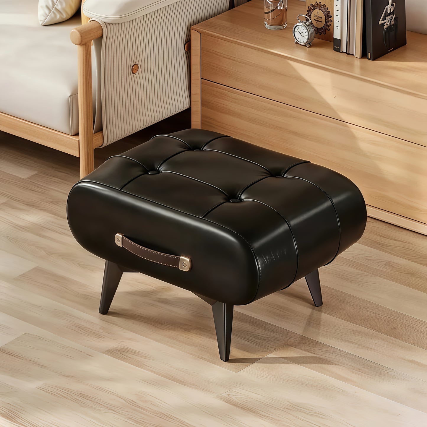 Retro Wax Faux Leather Simulation Stool, Home Small Square Stool, Picnic Stool, Faux Leather Hallway Stool, Luxurious Smooth Faux Leather Footstool, Modern Minimalist Black Synthetic Faux Leather Stool, Retro Brown Shoe Changing Stool