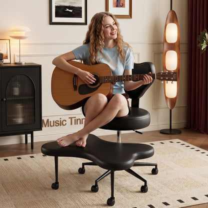 Cross-Legged Meditation Chair with Wheels – Height Adjustable ADHD Chair, Ergonomic Crescent Back Support, Memory Foam Seat, 360° Swivel, Teddy Fleece & Faux Leather in 4 Colors