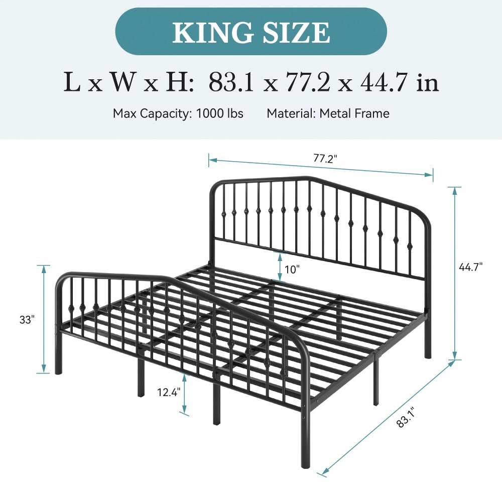 Queen Size Victorian Platform Bed Frame with Wrought Iron Headboard & Footboard – 14" Tall, No Box Spring Needed, Heavy-Duty Steel Slat Support, Elegant Antique Style Bedroom Furniture
