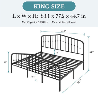 Queen Size Victorian Platform Bed Frame with Wrought Iron Headboard & Footboard – 14" Tall, No Box Spring Needed, Heavy-Duty Steel Slat Support, Elegant Antique Style Bedroom Furniture