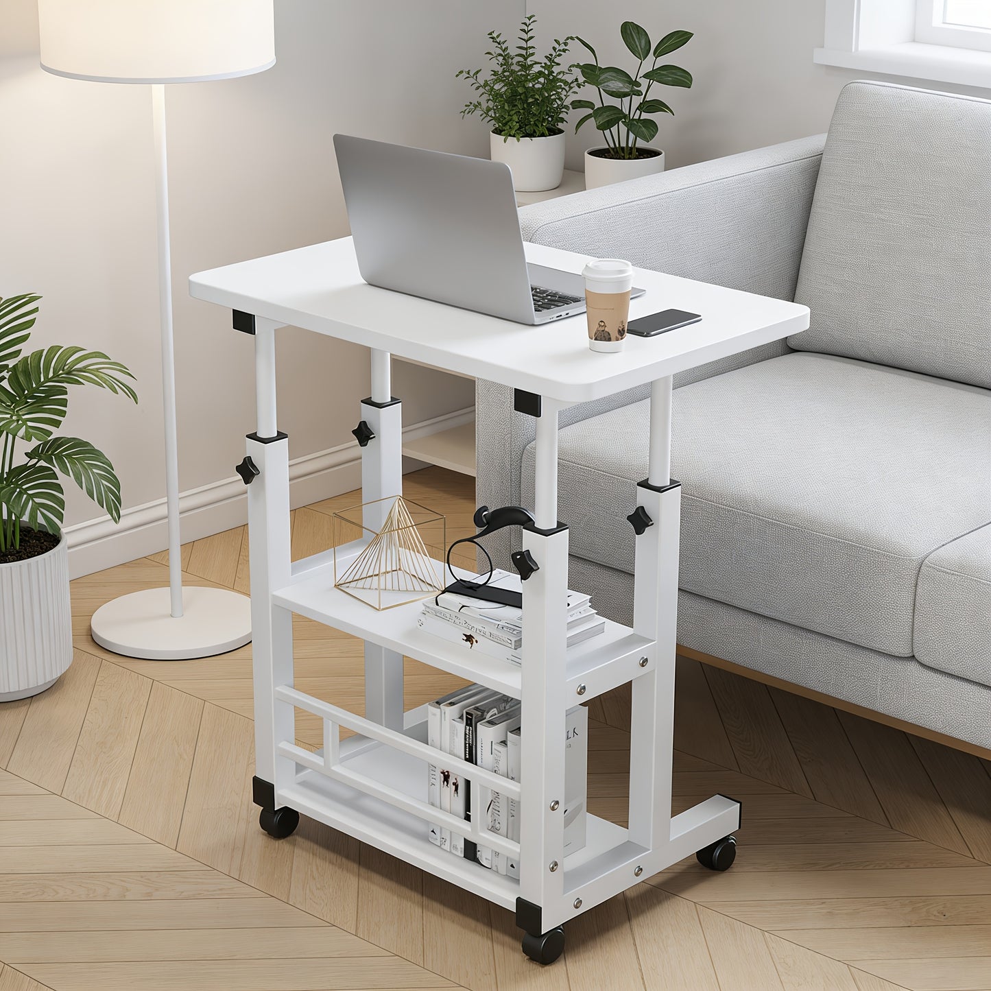Adjustable Height Mobile Desk - Laptop Table for Students/Home Office, Small Space Standing Desk with Storage, Wheeled for Bedroom Use