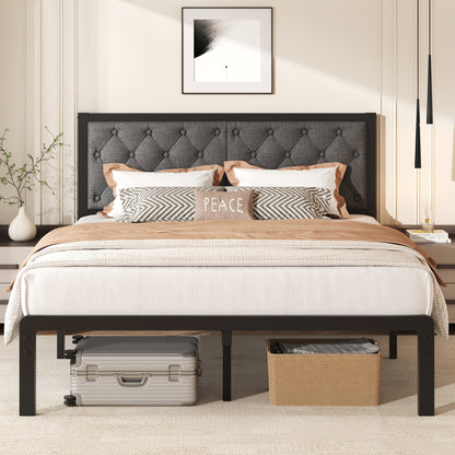 Upholstered Bed Frame with Button Tufted Headboard, Noise-Free Steel Slat Support with Silent Strips, 12.6" Under-Bed Storage Space, Sturdy Metal Platform Bed, Easy Assembly, No Box Spring Needed, Queen, Full, Twin