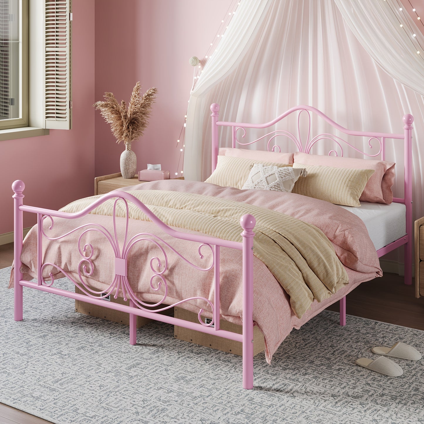 HOOMIC Platform Bed Frame, Metal Bed Frame Featuring a Butterfly Pattern on The Headboard And Footboard, No Box Spring Required, Easy to Assemble