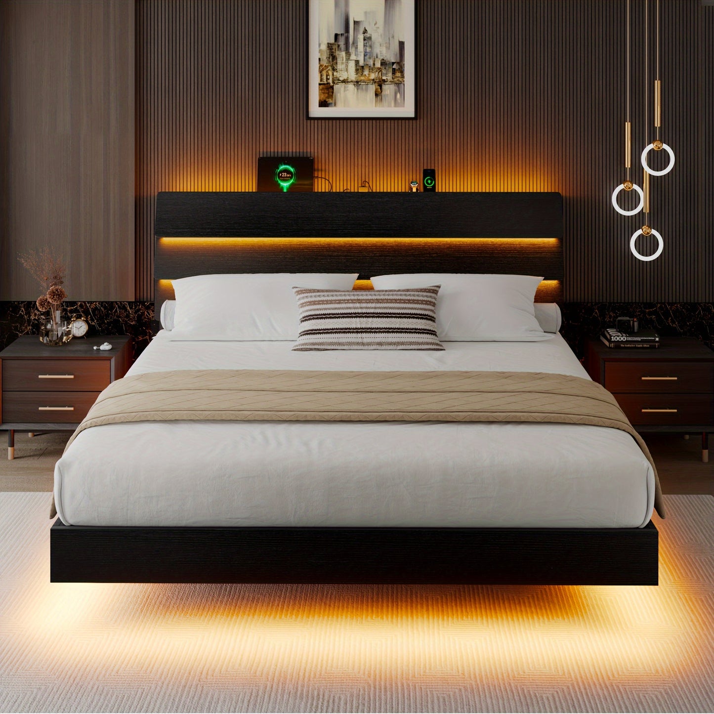 Valnase Floating Bed Frame with LED Lights, with Built-In Charging Station Storage Wooden Headboard, Heavy-Duty Metal Support, Easy Assembly