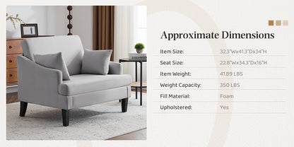 Oversized Accent Chair 33.5" Wide with 2 Pillows, Upholstered Memory Foam Armchair Big Reading Chair, Modern Single Sofa Chair for Living Room Bedroom Apartment Office