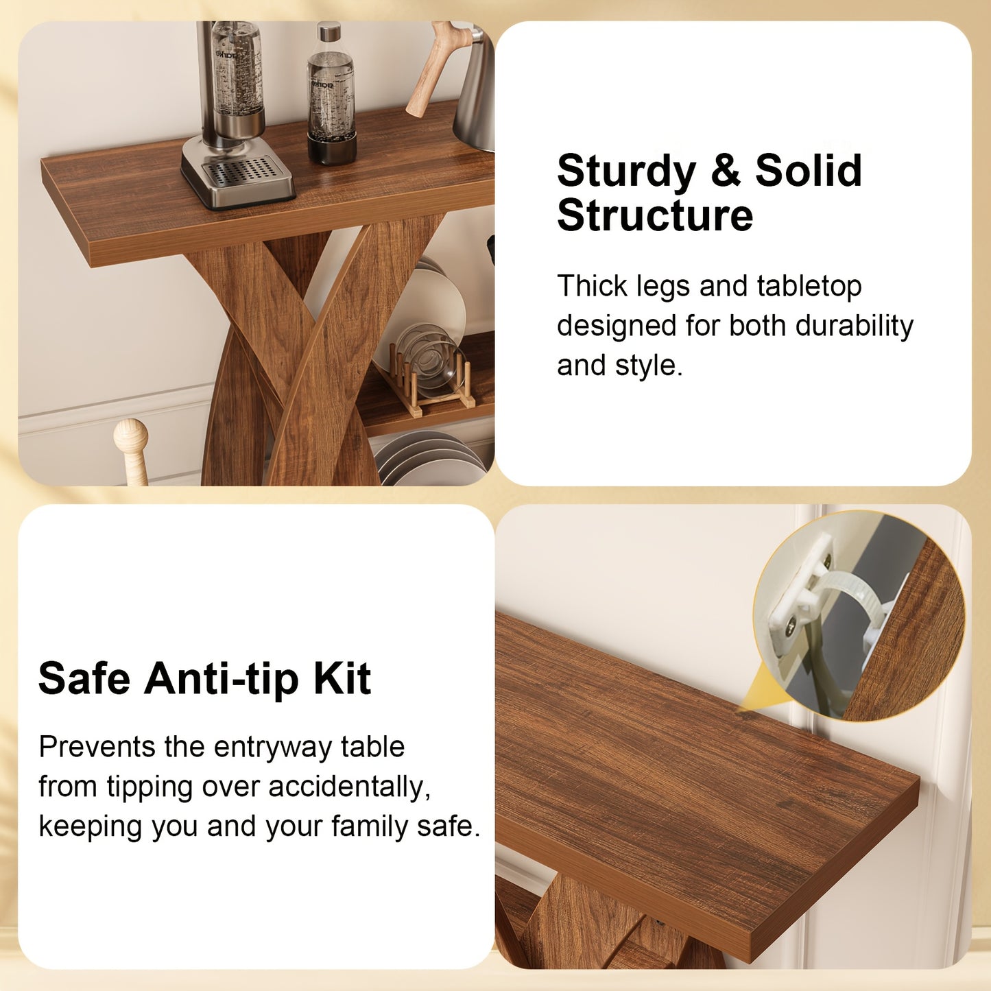 55 "Wooden Rustic Console Table, X-Shaped Leg Design, 2-Tier Shelf. Multifunctional Storage. Suitable for Use Behind The Sofa in The Living Room, in The Corridor, in The Entrance Hall, Or at The Entrance. Light Brown And Tiger Brown