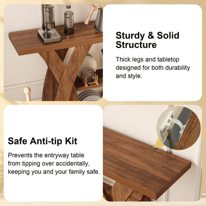 55 "Wooden Rustic Console Table, X-Shaped Leg Design, 2-Tier Shelf. Multifunctional Storage. Suitable for Use Behind The Sofa in The Living Room, in The Corridor, in The Entrance Hall, Or at The Entrance. Light Brown And Tiger Brown