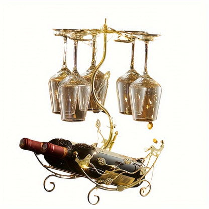 Nautical Boat Wine Rack with Glass Holder – Holds 2 Bottles & 6 Glasses, Iron Countertop Wine Rack for Kitchen Dining Room Bar, Decorative Bird Leaf Motif