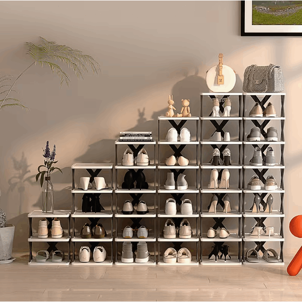 6/9 Tier Narrow Shoe Rack Give Away Shoehorns, Small Vertical Shoe Stand, Space Saving DIY Free Standing Shoes Storage Organizer for Entryway, Closet, Hallway, Easy Assembly and Stable in Structure, White and Green / Black / Blue