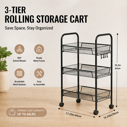 3/4/5-Tier Metal Rolling Storage Cart with Hooks & Mesh Baskets – 360° Swivel Wheels Kitchen Trolley for Narrow Gaps, Bathroom, Office & Garage