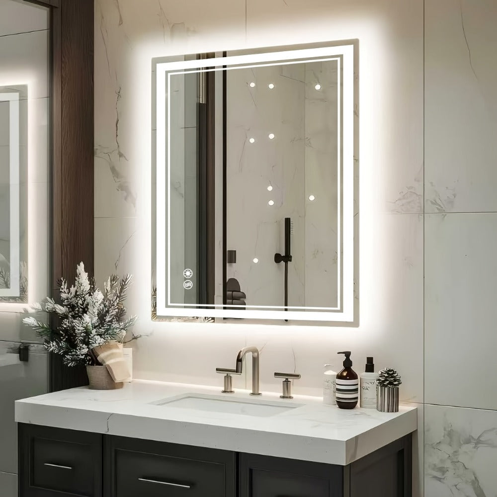 LED Bathroom Mirror with Anti-Fog Front & Backlit Dimmable 3 Color Lighting Wall Mounted Vanity Mirror Stepless Brightness Horizontal Vertical 24x36 32x40 36x28 40x28 Inch