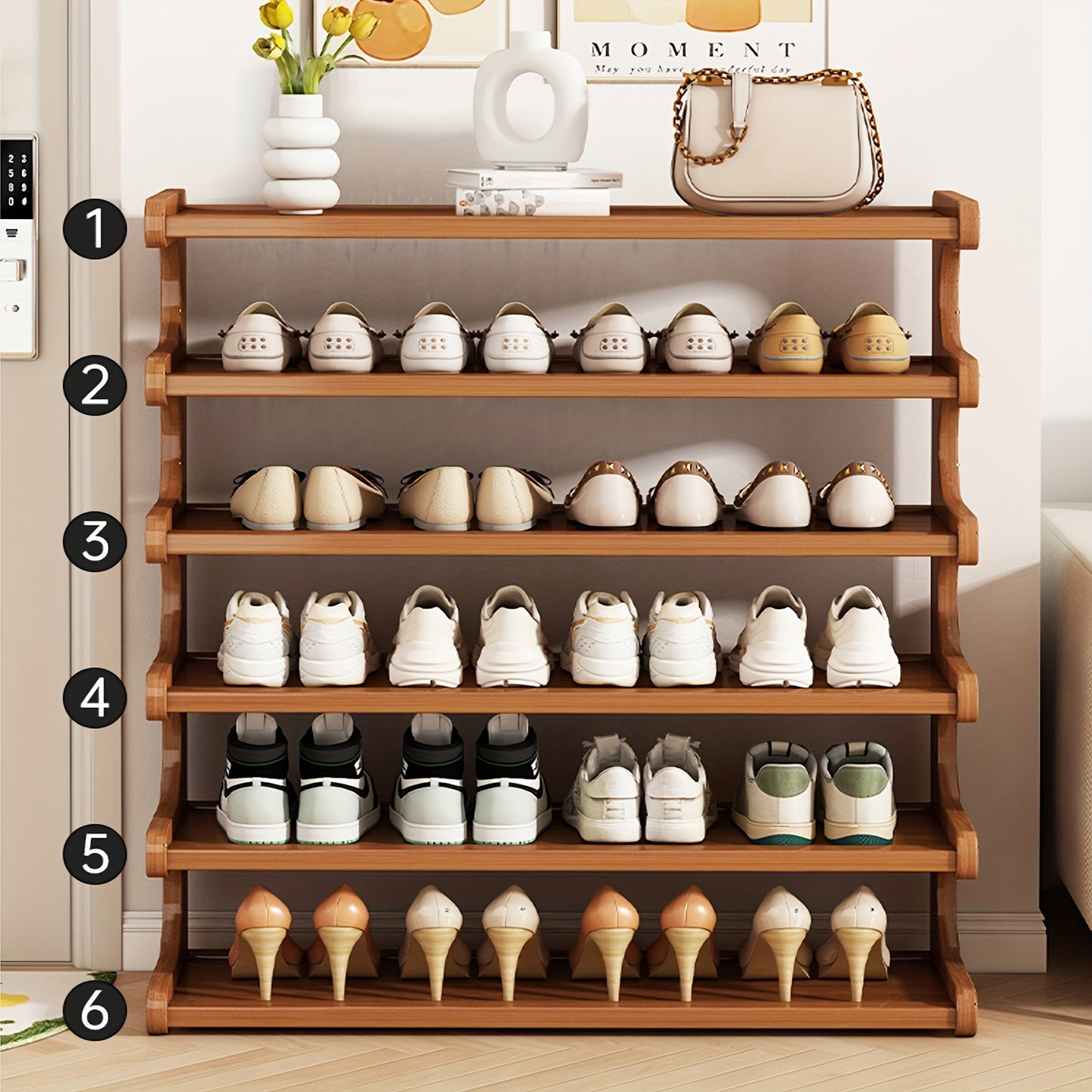 A [Bamboo Shoe Rack] Christmas Gift Bamboo Shoe Rack | Wood Grain Finish Shoe Storage Rack, Holds 6/15/24 Pairs, Easy to Assemble, Space-Saving | 3/5/6-Tier Shoe Rack for Front Door Entryway, Entry Hallway, Living Room, Bedroom, Garage