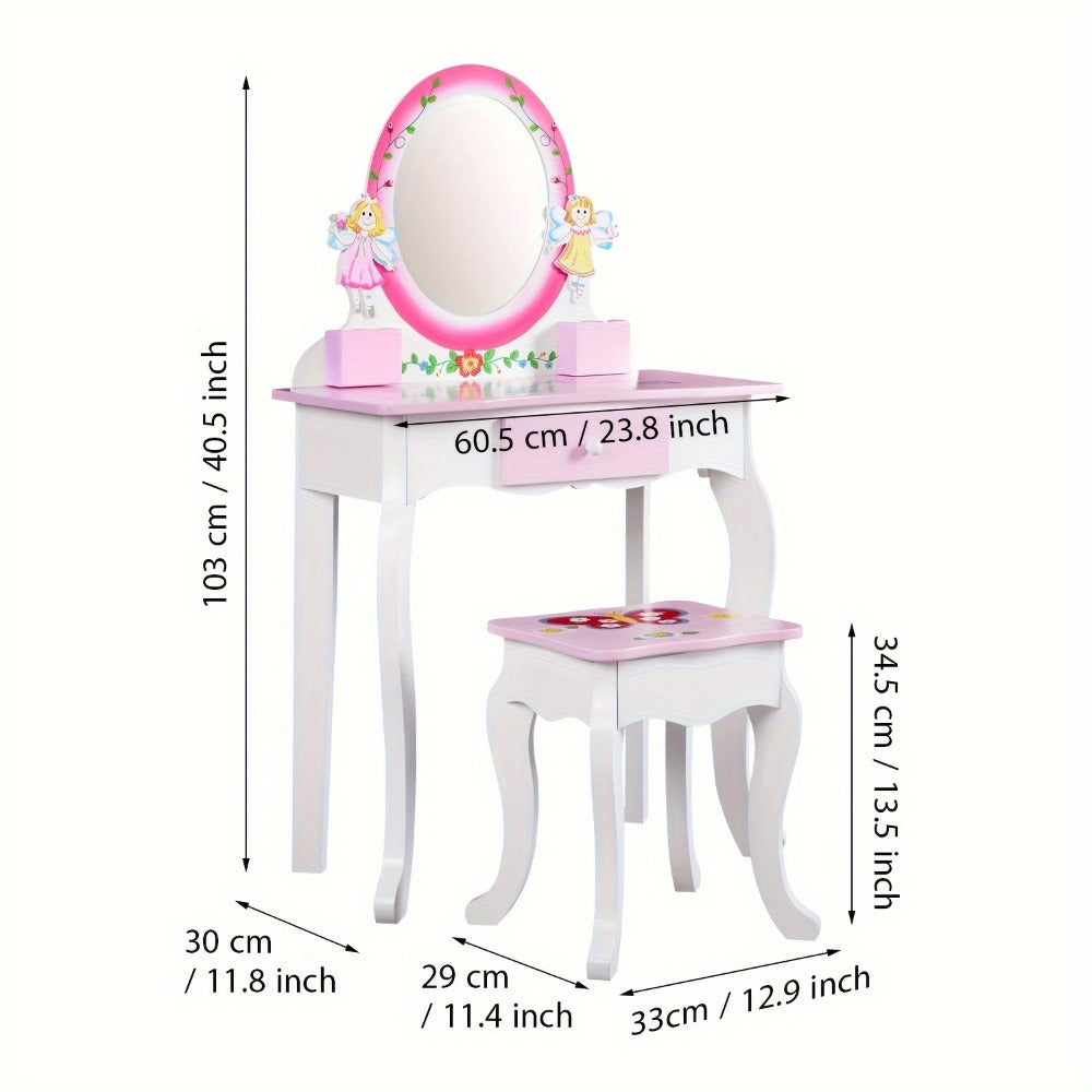 Children's Vanity Table Set, Fairy Vanity Table & Stool Set, Wooden Vanity Tables Set With Mirror And Storage Drawer Perfect Gift For Girls