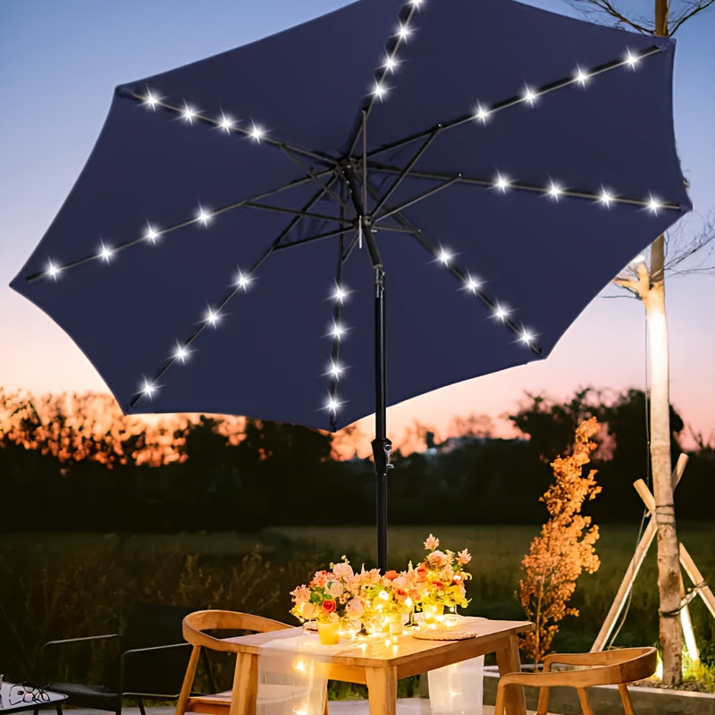 10ft Solar Patio Umbrella, With 32 LED Lights, Outdoor Market Table Umbrella, With Tiltable Buttons, UPF50 UV Protection, Heavy-Duty 8 Umbrella Bone Structure For Garden, Poolside, Decks, Backyards