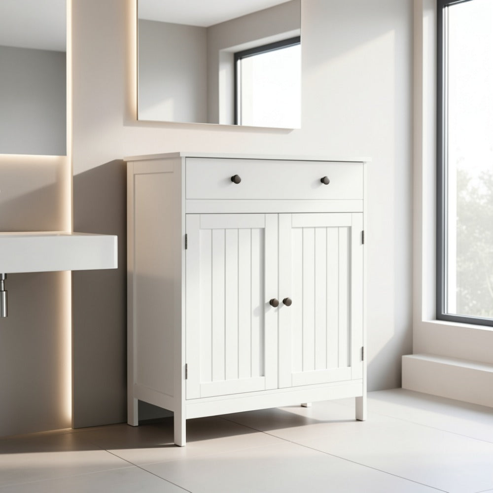 Freestanding Bathroom Cabinet with Double Doors and Drawer - Floor Standing Storage Unit with Wood Doors Metal Frame Modern Design for Bath Small Spaces