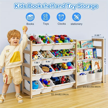 2in 1 Kids Bookshelf And Child Storage Organizer with 12 Bins And 4 Tier Book Shelf for Playroom, Classroom, Nursery Room, Bedroom, Kindergarten, School, Perfect Gift for Christmas, Halloween, Thanksgiving, Easy to Installation, Space Saving