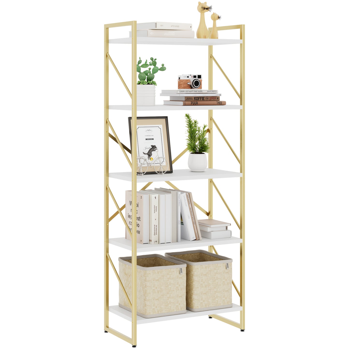 JY QAQA 5 Tiers Bookshelf, Classically Tall Bookcase Shelf, Industrial Book Rack, Modern Book Holder In Bedroom/ Living Room/ Home/ Office, White & Golden