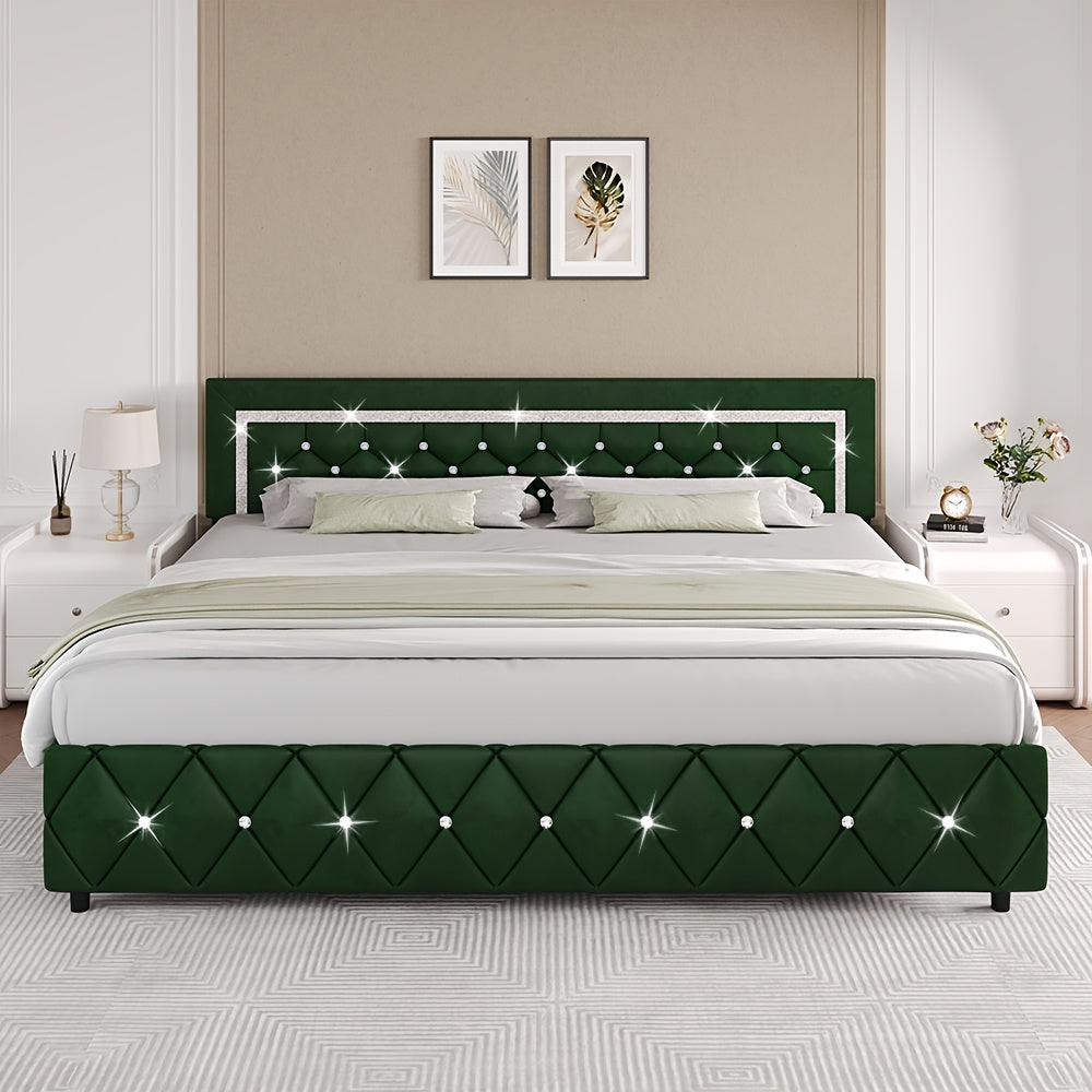 Upholstered Platform Bed Frame with Button-Tufted Diamond Headboard – Wooden Slats, No Box Spring Needed, Twin Full Queen King, Black White Pink Green Gray Beige