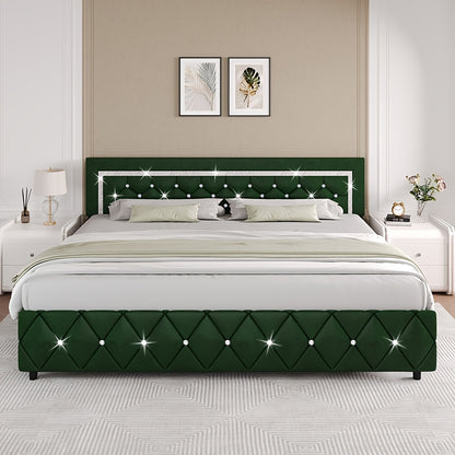 Upholstered Platform Bed Frame with Button-Tufted Diamond Headboard – Wooden Slats, No Box Spring Needed, Twin Full Queen King, Black White Pink Green Gray Beige
