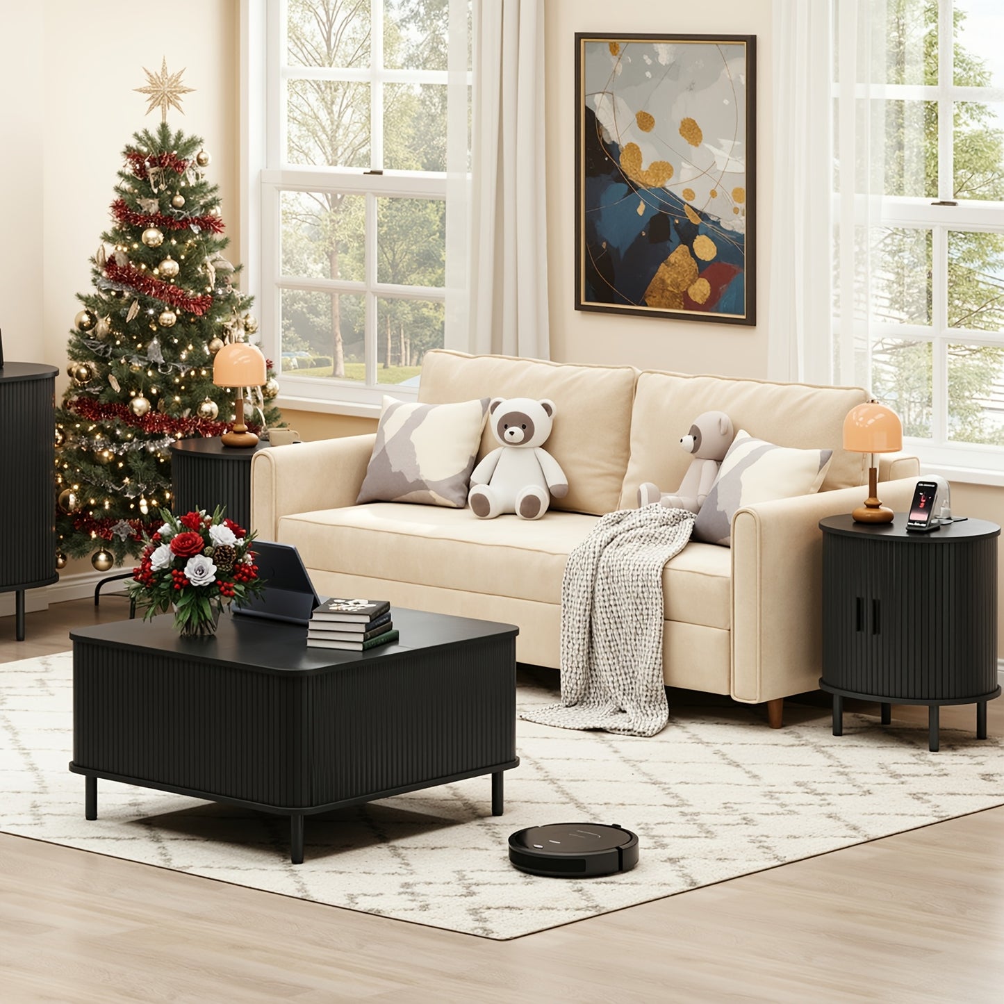 PAZCASA Oval End Table with Storage & Charging Station, Wood Accent Side Table with Sliding Door & Adjustable Shelf/Leg Pad, Mid Century-Modern Nightstand for Small Space, Living Room, Bedroom, 1pc/2pcs, Walnut/Black/Natural White/Oak