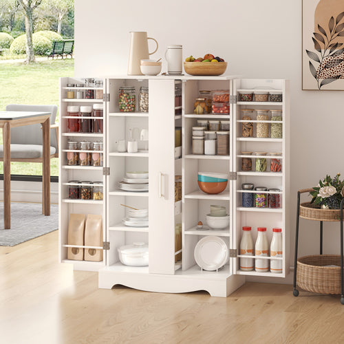 47 Inch Large Wooden Kitchen Storage Cabinets with Drawer and Adjustable Shelves, White Kitchen Pantry Storage Cabinet, Sturdy Buffet Cupboards Sideboard for Kitchen Dining Living Room Use