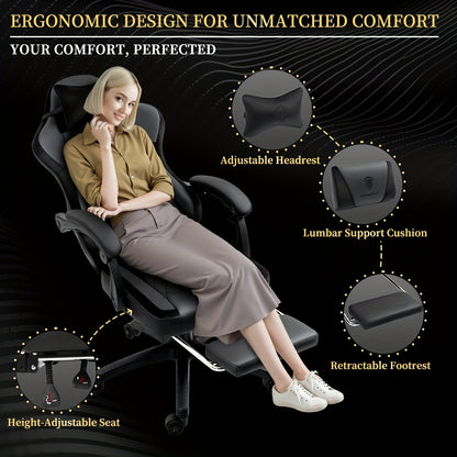 Ergonomic Gaming Chair with Pocketed Spring Cushion And Massage Lumbar Support - High Back Office Chair with Adjustable Footrest, 300LBS Load Capacity, Premium Black Adult PU for Ultimate Comfort!