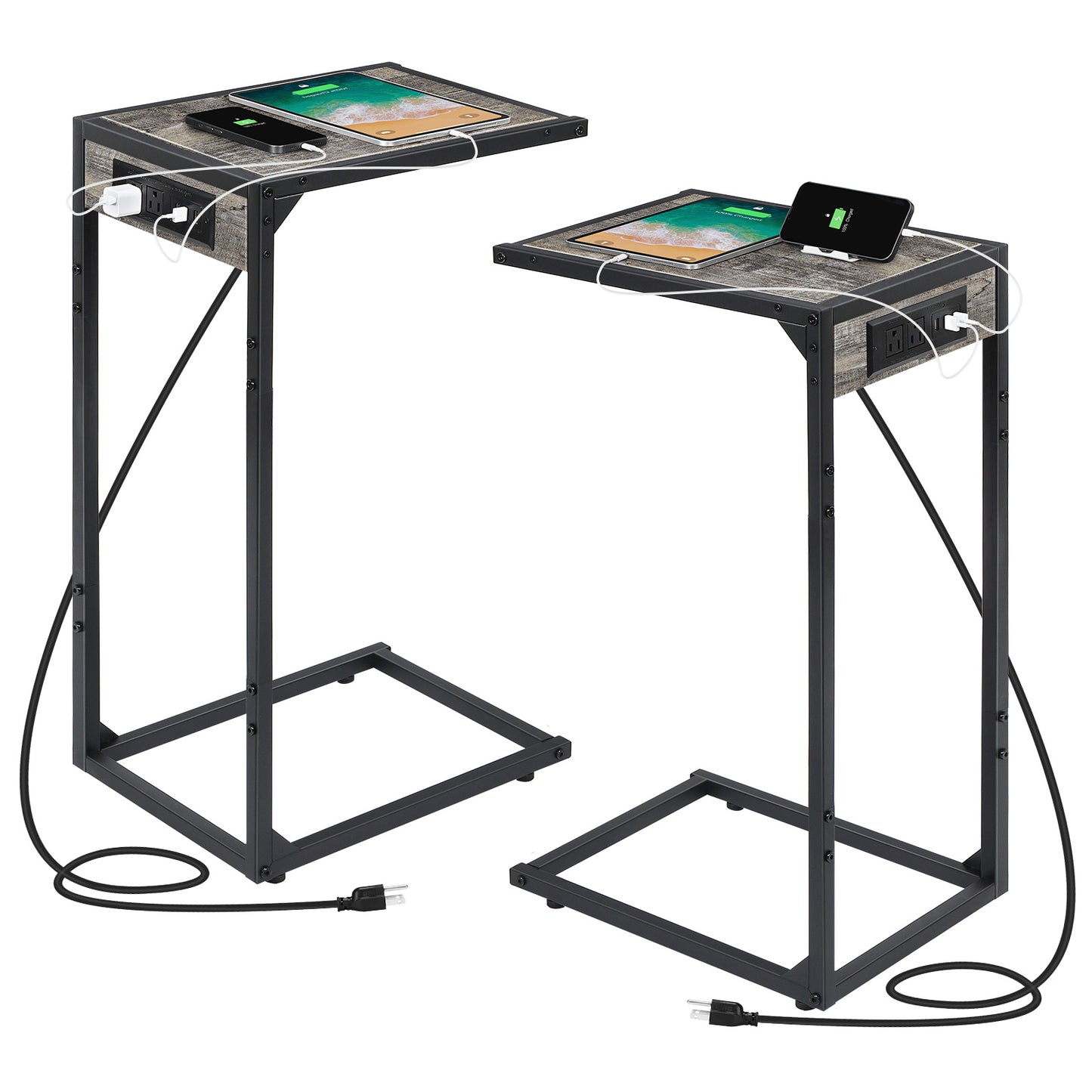 1pc/2pcs C Shaped End Table, 50LBS Capacity, Desktop Storage, Removable Table, Coffee Table Slides Under Sofa, Snack Table, Ideal for Home, Living Room, Sofa, Bedroom, Multifunctional Table, with or Without Charging Station & Storage Bag Options