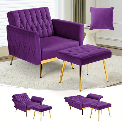 ACMEASE 31.5" Velvet Upholstered Single Chair with Adjustable Armrest And Back, Comfy Armchair with Movable Ottoman, Tufted Accent Chair with Soft Pillow for Living Room