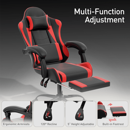 Ergonomic Gaming Chair with Retractable Footrest & Detachable Lumbar Support 360 Degree Swivel Racing Style PU Leather Computer Gaming Chair with Headrest for Home Bedroom Office