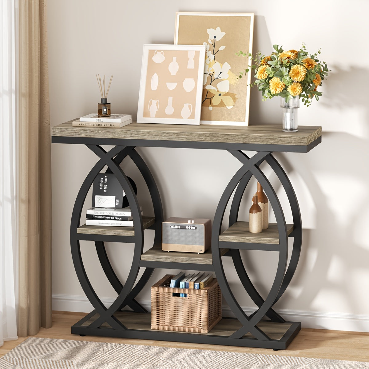 39-Inch Holiday-Themed Console Table, 4-Tier Sofa Side Table with Storage Shelves, Narrow Wood And Metal Frame Decorative Table, Suitable for Small Spaces, Hallway, Entryway, And Christmas