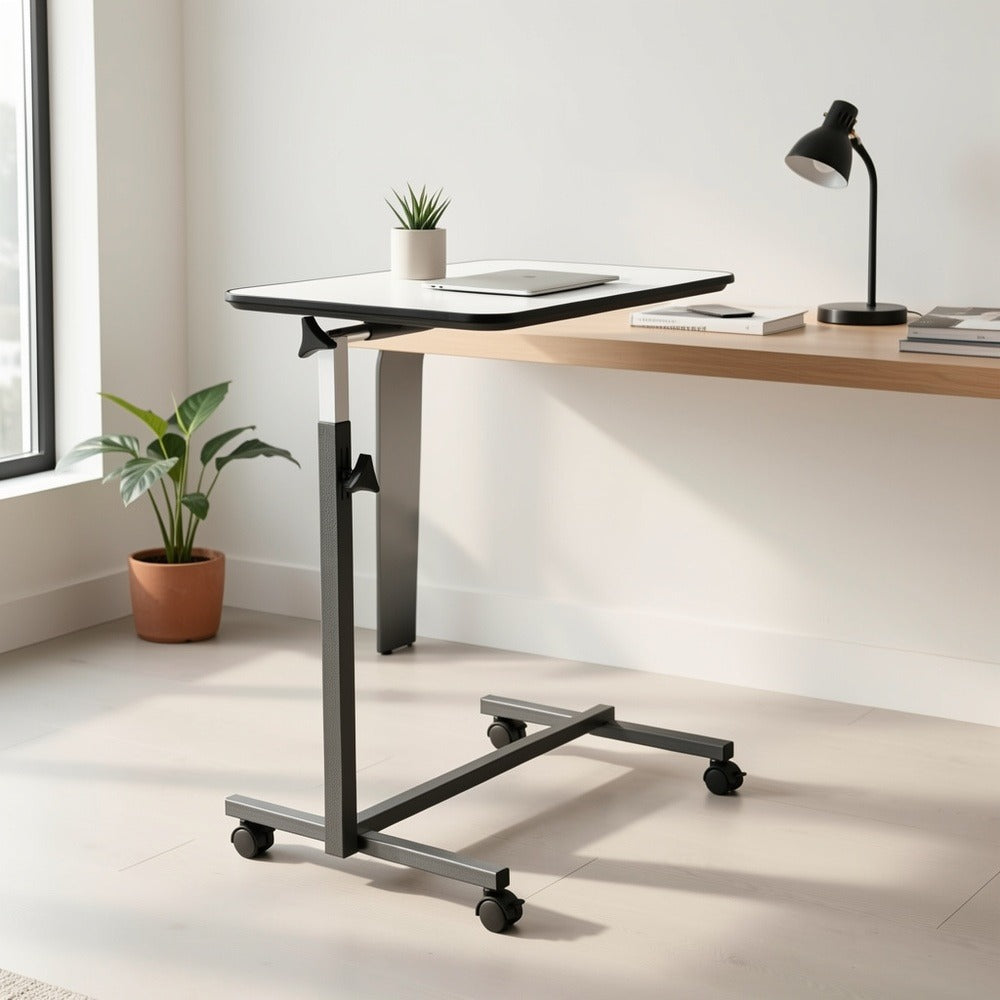 Height Adjustable Rolling Overbed Table with Wheels & Brakes – Mobile Laptop Desk Side Table 27"-44", MDF Top Iron Frame for Bedroom Living Room Kitchen Study, Black & Gray