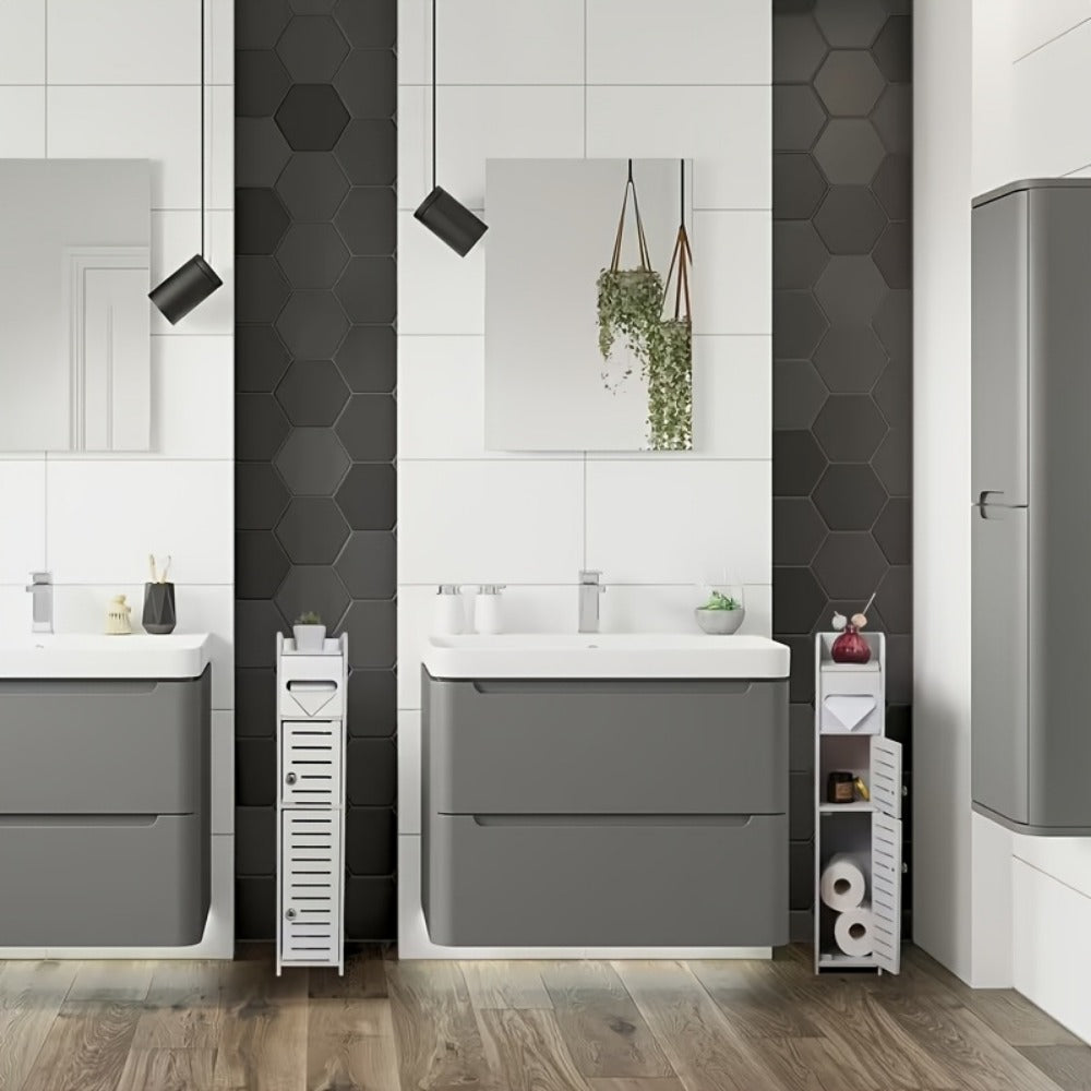 PVC Double Door Bathroom Storage Cabinet Floor Standing White, Thickened Waterproof Freestanding Organizer for Toilet Paper, Shampoo & Toiletries