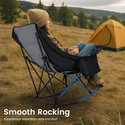 Oversized Rocking Camping Chair, Fully Padded Patio Chair with Cooler Bag and Side Pocket, High Back Portable Lawn Recliner Rocker Chairs for Camp, Patio, Supports 400 lbs