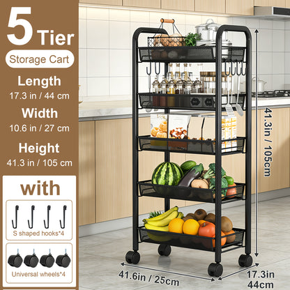 1pc 3/4/5 Tier Swivel Kitchen Storage Cart - Durable Carbon Steel Storage Rack with 360 Degree Swivel Wheels And Mesh Basket, Space-Saving Storage Trolley for Home, Office, Bathroom, Kitchen, Living Room Multifunctional Shelf