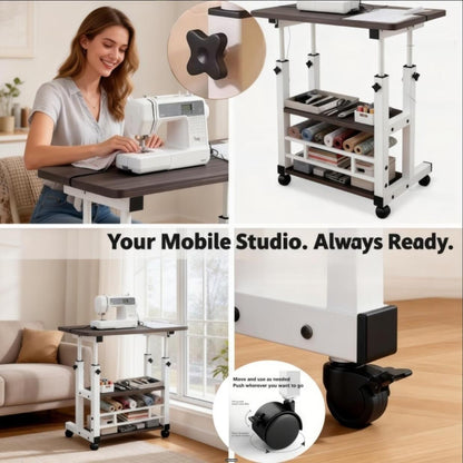 Adjustable Height Wheeled Mobile Table | Movable Multi-Purpose Side Table/Folding Table With Reinforced Frame And Lockable Wheels, Sewing Table With Lift Stand, Available In Black/White - Ideal For Bedrooms, Living Rooms, Studies, Small Spaces