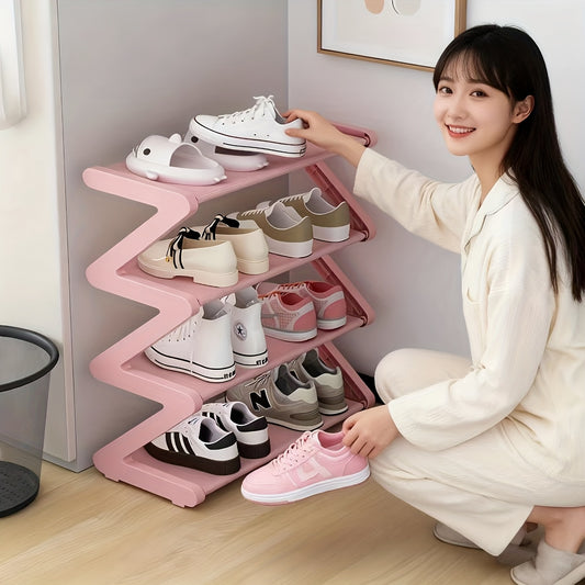 4-Tier Z-Shaped Shoe Rack, Plastic with Golden Connectors, Freestanding Storage Organizer, Easy Assembly Floor Standing for Living Room, Stackable, Holds 4 Pairs per Layer (Shoe Width 23cm), Max Load 6kg/Shelf, >22cm Floor Height, No Wood, Electricity-Fre