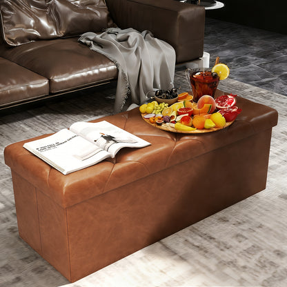 43-Inch Storage Pull-out Ottoman Bench with Hidden Compartment - Heavy-Duty Folding Stool, Soft Synthetic Leather Upholstery, Space-Saving Multi-Functional Footrest for Living Room, Bedroom, Office - 880 Weight Capacity