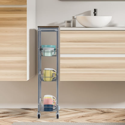 Slim Storage Cart, 4 Tier Rolling Kitchen Shelving Unit On Wheels Mobile Narrow Cart With Wooden Tabletop For Bathroom, Laundry Narrow Places, Brown