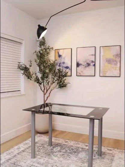 Rectangular Tempered Glass Dining Table for 4 – Clear Glass Top with Black Stainless Steel Cylindrical Legs – Modern Small Dining Table (Chairs Not Included)