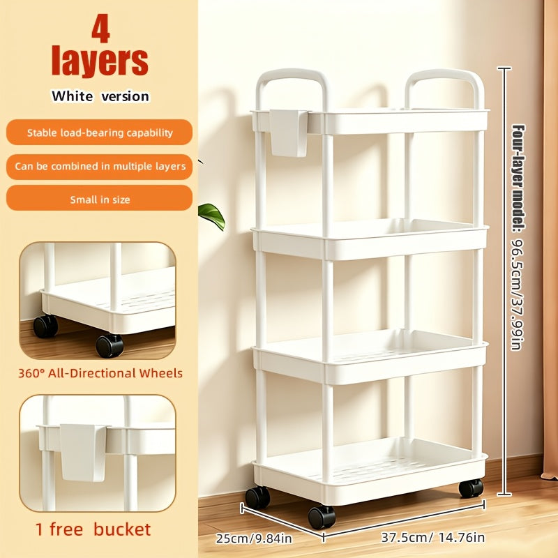 3/4/5-Tier Plastic Rolling Utility Cart with Handle, Multi-Functional Storage Trolley for Office, Living Room, Kitchen, Movable Storage Organizer with Wheels, White
