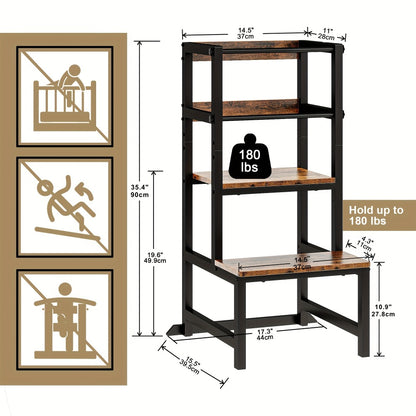 Adjustable Toddler Learning Tower Step Stool with Safety Rail Height Adjustable Kids Kitchen Helper Stool Wooden Steel Stand for Children