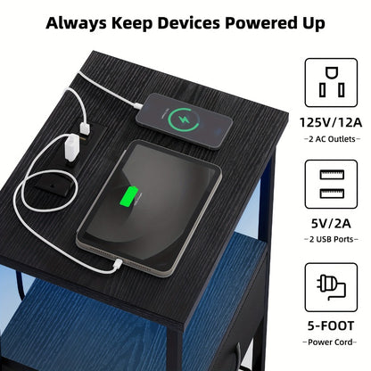 1/2 Bedside Table with Charging Station, LED, and Drawer, PU-finished Nightstand, Suitable for Bedroom, Bedside Table, Bathroom, Black/rustic Brown/white