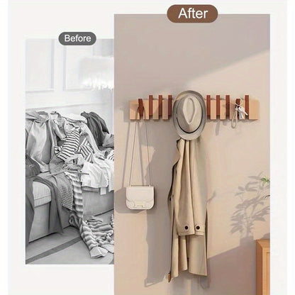 1pc Natural Wood Wall-Mounted Coat Rack with 10 Hooks - Piano-Shaped Accordion Design, Walnut Finish, Space-Saving Vertical Storage for Entryway, Bedroom, Bathroom - Easy Assembly, No Batteries/Electricity, Durable Multi-Purpose Organizer for Coats, Hats,