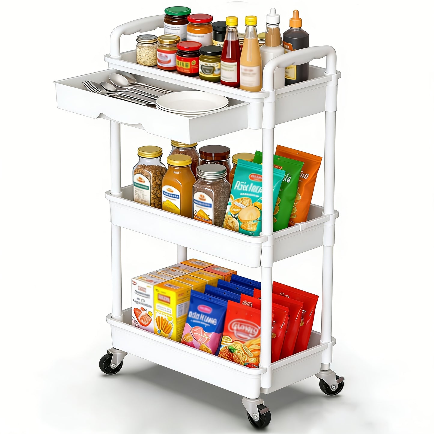[Wedding Decorations Gift] Multi-Functional 3/4 Tier Rolling Storage Cart With Drawers - Durable Plastic Organizer With Lockable Wheels, Cup Holder & Hooks-Space-Saving Solution For Kitchen, Bathroom, Living Room - Ideal For Kitchen Accessories, Wedding D