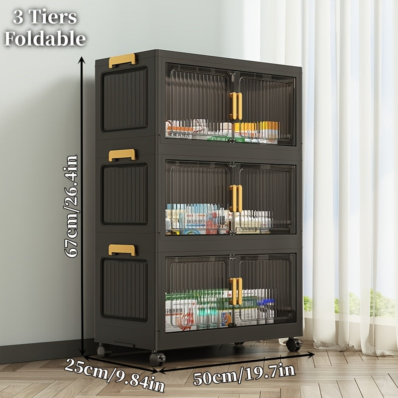 50CM/19.7" Portable Foldable Medicine Cabinet with Lid, 3/4/5/6-Tier Large-Capacity Stackable Black Medicine Box Cabinet with Casters, Multi-Functional Vertical Storage Cabinet, Easy Assembly, for Living Room, Bathroom