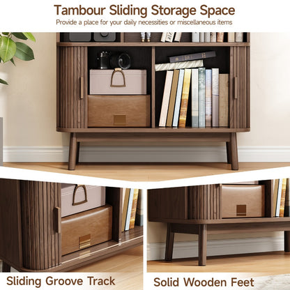 71 Inch Tall Bookcase with Sliding Doors 4 Shelves Storage Cabinet Adjustable Shelves Walnut Mid-Century Modern Home Office Living Room