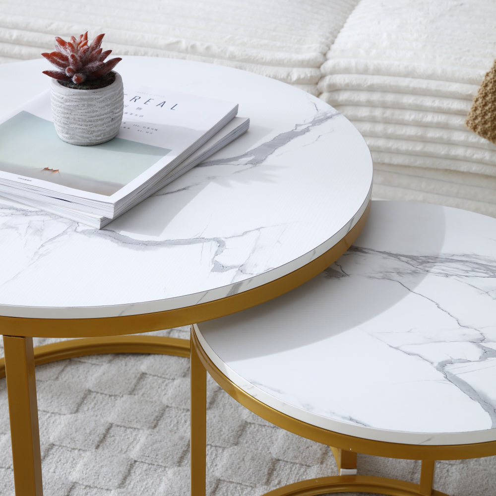 Space Saving Nesting Coffee Table Set Of 2, Modern Faux Marble Round Tables with Golden Frame, Small Apartment Living Room Furniture