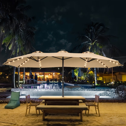 Patio Umbrella, 15 Ft Double-Sided with Base & 48 Solar LED Lights UPF50+ UV Protection 12 shown in the main product view