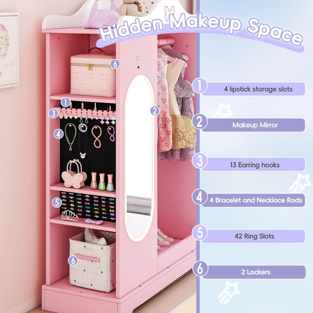 Kids Armoire with Jewelry Cabinet, Kids Dress Up Storage wth Shelves, Girls Wardrode Costume Organizer with Mirror, Children Closet with Armoire for Bedroom, Kids Room, Girls, Kids Room Furniture, Bedroom Storage, Stylish Kids Wardrobe, Playful Design, Ha